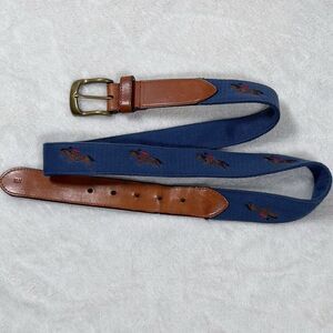J.Mclaughlin Equestrian Horse Embroidered Fabric Leather Belt Mens Sz 42 Blue
